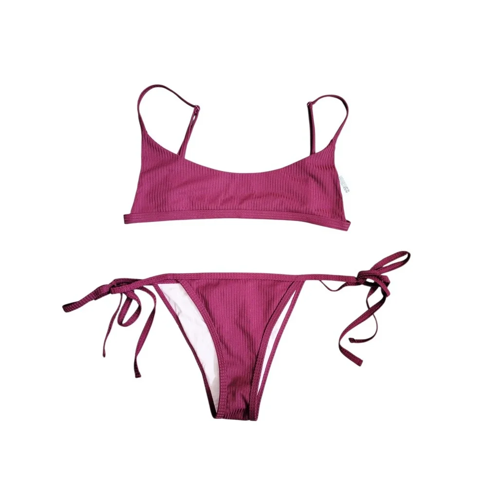 Paper Heart Swim Burgundy Ribbed Bikini‎ Set Two Piece Bralette Side Tie US 4